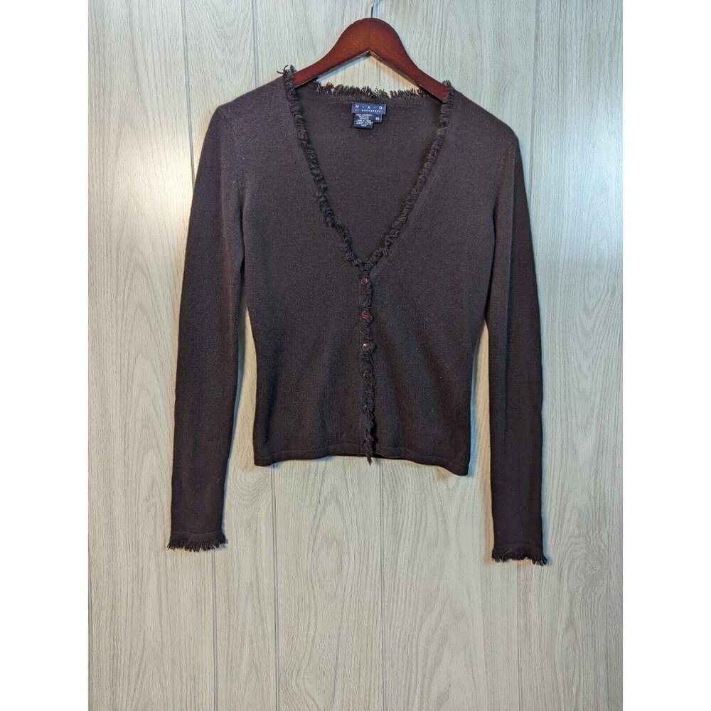M A G 100% Cashmere Brown Ruffle Specs Sweater Sz XS Long Sleeve Soft